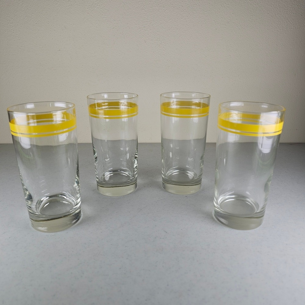 4 Vintage Corelle? Yellow striped drinking glass tumblers